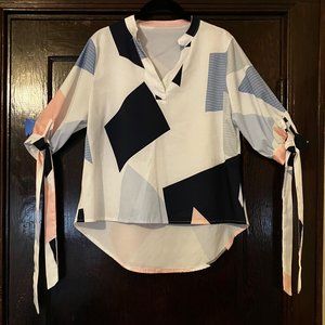 High Low Blouse Geometrical Pastel Pattern 3/4 Sleeves with tabs for Bows
